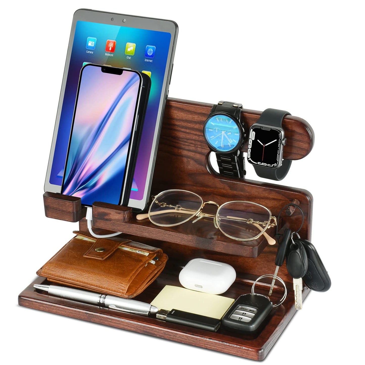 JSMKJ Wood Phone Docking Station Gifts for Father Nightstand Organizer Husband Birthday Gifts Phone Docking Station for Men Wood Nightstand Organizer (Brown)